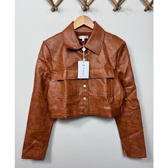New WAYF Croc Embossed Crop Faux Leather Jacket in Brown Size M - Picture 5 of 13